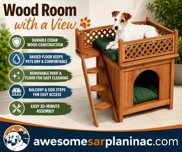 Wooden dog house with rooftop balcony, side stairs, raised floor, and enclosed sleeping area for small dogs.