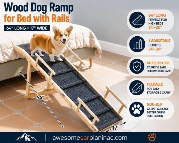 Wood dog ramp for bed with safety rails, non-slip carpet surface, adjustable height, and foldable design.