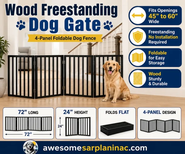 4-panel wood freestanding dog gate with foldable design for stairs, hallways, doorways, and indoor openings between 45 and 60 inches wide. No wall drilling required.