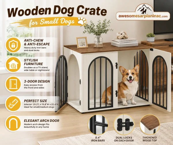 A Beagle sits inside a Hzuaneri wooden dog crate furniture designed for small and medium dogs. The crate features three access doors, dual safety locks, heavy-duty metal bars, and a decorative furniture-style design that works as a side table or TV stand in a living room.