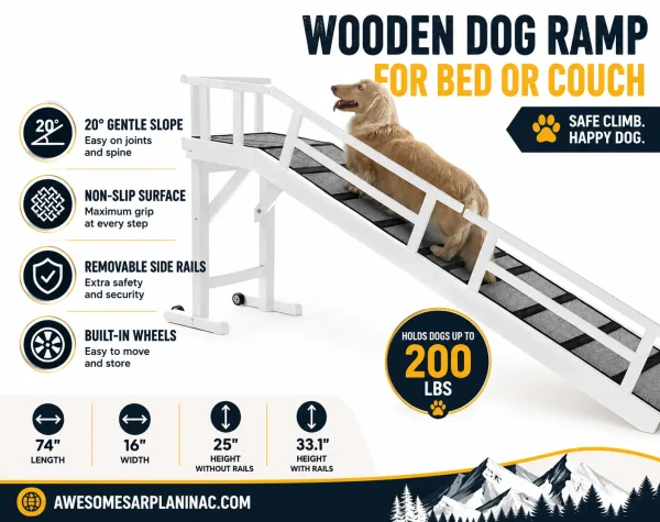 Long-haired Dachshund using a white wooden dog ramp with side rails and non-slip surface next to a bed indoors.