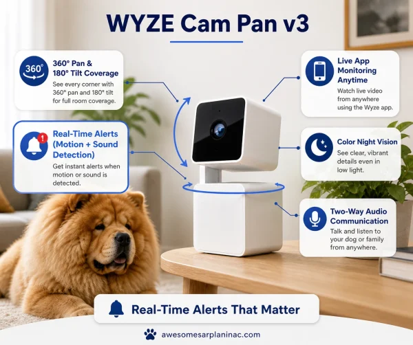 chow chow dog indoor monitoring with wyze cam pan v3 alerts